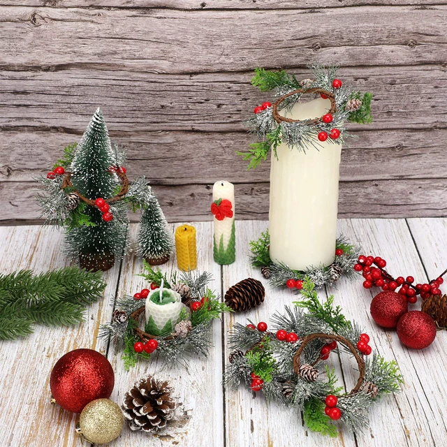 Alt view image 4 of 7 - 6 Pcs 4.7 Inch Christmas Candle Ring Mini Christmas Wreaths, Red | Artificial Berry Candle Rings with Pine, Small Wreaths for Table Centerpiece, Home Cabinets Wedding Christmas Holiday Decor