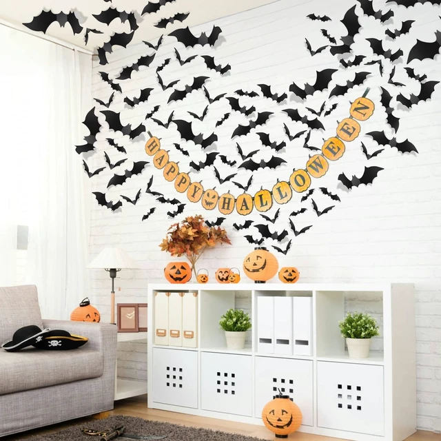 Alt view image 5 of 6 - 140Pcs Bats Halloween Decorations Party Supplies, Realistic PVC 3D Black Scary Bat Stickers for Creepy Home Decor Halloween Party Decorations DIY Wall Window Decal Bathroom Indoor