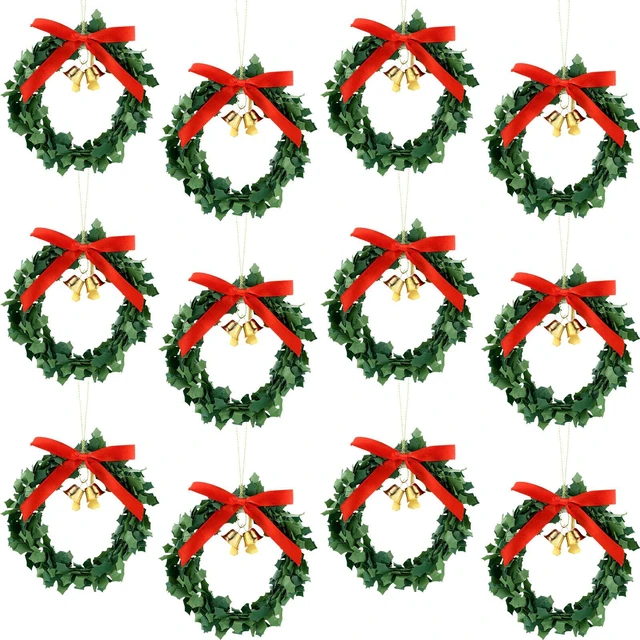 Main image of 12 Pcs Mini Christmas Wreaths for Cabinets with Gold Bells Small Kitchen Xmas Decor Christmas Cabinet Wreaths Ornament for Kitchen Chair Fireplace Farmhouse Home Decor (3.15 Inch,Red Bow)
