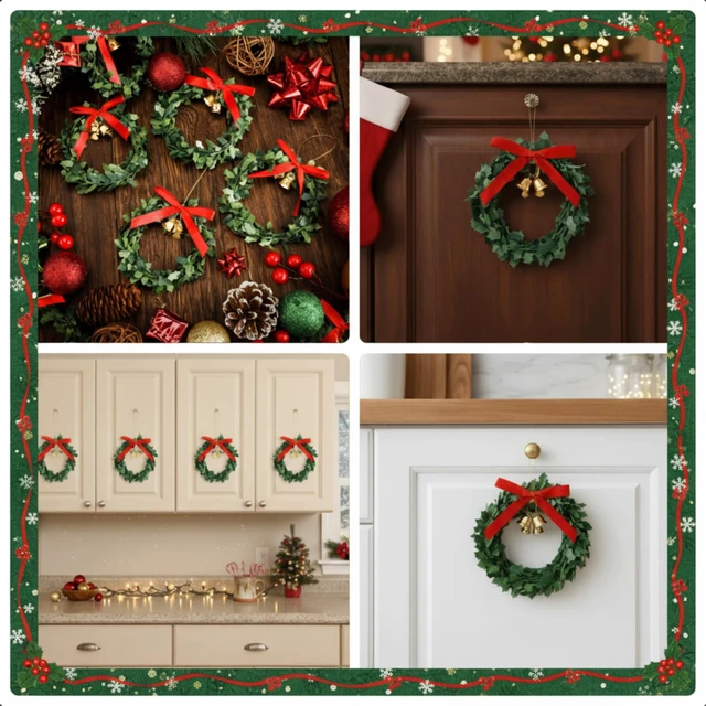 Alt view image 5 of 7 - 12 Pcs Mini Christmas Wreaths for Cabinets with Gold Bells Small Kitchen Xmas Decor Christmas Cabinet Wreaths Ornament for Kitchen Chair Fireplace Farmhouse Home Decor (3.15 Inch,Red Bow)