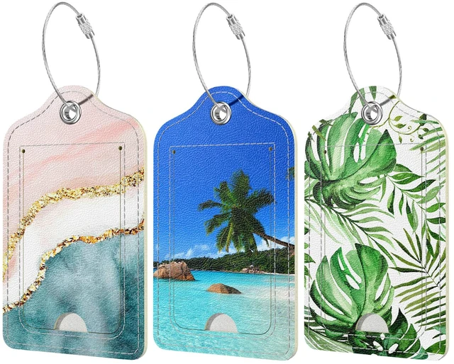 Main image of 3 Pcs PU Leather Luggage Tags with Privacy Flap, Name ID Label | Travel Cruise Luggage Tag for Women Men Baggage Handbag School Bag Backpack, Beach