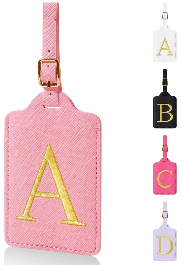 Main image of Personalized Initial Luggage Tags for Suitcases,Leather Letter Cute Luggage Tags with Privacy Name Card,Embroidered Monogrammed Travel Bag Backpack Tag Gifts for Women Kids Girls Teens(Pink-A)