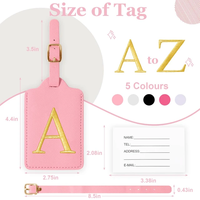 Alt view image 2 of 7 - Personalized Initial Luggage Tags for Suitcases,Leather Letter Cute Luggage Tags with Privacy Name Card,Embroidered Monogrammed Travel Bag Backpack Tag Gifts for Women Kids Girls Teens(Pink-A)