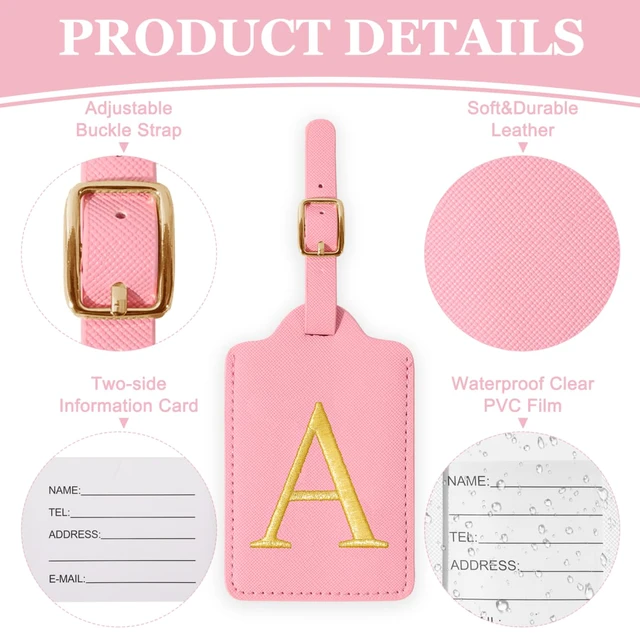 Alt view image 3 of 7 - Personalized Initial Luggage Tags for Suitcases,Leather Letter Cute Luggage Tags with Privacy Name Card,Embroidered Monogrammed Travel Bag Backpack Tag Gifts for Women Kids Girls Teens(Pink-A)