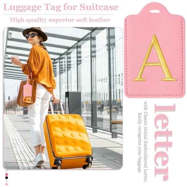 Alt view image 7 of 7 - Personalized Initial Luggage Tags for Suitcases,Leather Letter Cute Luggage Tags with Privacy Name Card,Embroidered Monogrammed Travel Bag Backpack Tag Gifts for Women Kids Girls Teens(Pink-A)