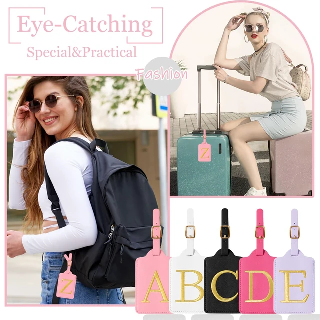 Alt view image 6 of 7 - Personalized Initial Luggage Tags for Suitcases,Leather Letter Cute Luggage Tags with Privacy Name Card,Embroidered Monogrammed Travel Bag Backpack Tag Gifts for Women Kids Girls Teens(Pink-A)