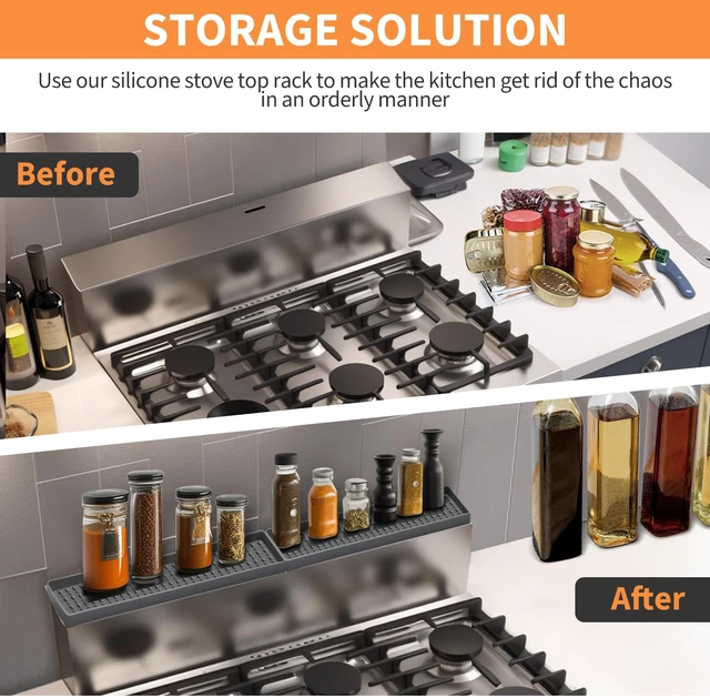 Alt view image 2 of 7 - 30" Magnetic Stove Top Shelf Spice Rack Storage, Silicone Top Heat Material Stove Rack Shelf Flexible Seasoning Organizer Kitchen Shelves Gadgets with 2 Functional Prtitions for Kitchen Grey