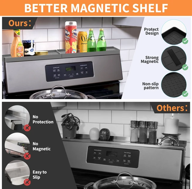 Alt view image 4 of 7 - 30" Magnetic Stove Top Shelf Spice Rack Storage, Silicone Top Heat Material Stove Rack Shelf Flexible Seasoning Organizer Kitchen Shelves Gadgets with 2 Functional Prtitions for Kitchen Grey