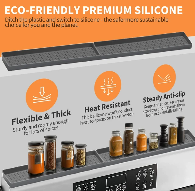 Alt view image 6 of 7 - 30" Magnetic Stove Top Shelf Spice Rack Storage, Silicone Top Heat Material Stove Rack Shelf Flexible Seasoning Organizer Kitchen Shelves Gadgets with 2 Functional Prtitions for Kitchen Grey