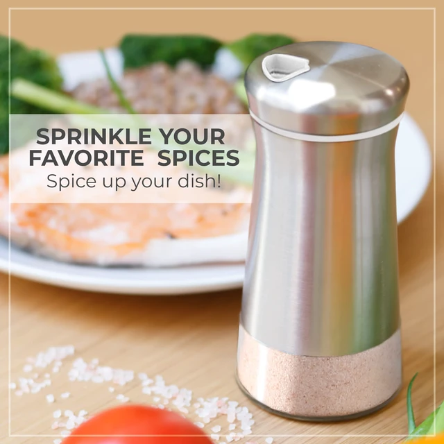 Alt view image 7 of 7 - Salt Shaker or Pepper Shaker with Adjustable Pour Holes - Elegant Stainless Steel Spice Dispenser - Perfect for Himalayan, Table Salt, White and Black Pepper (Salt Shaker)
