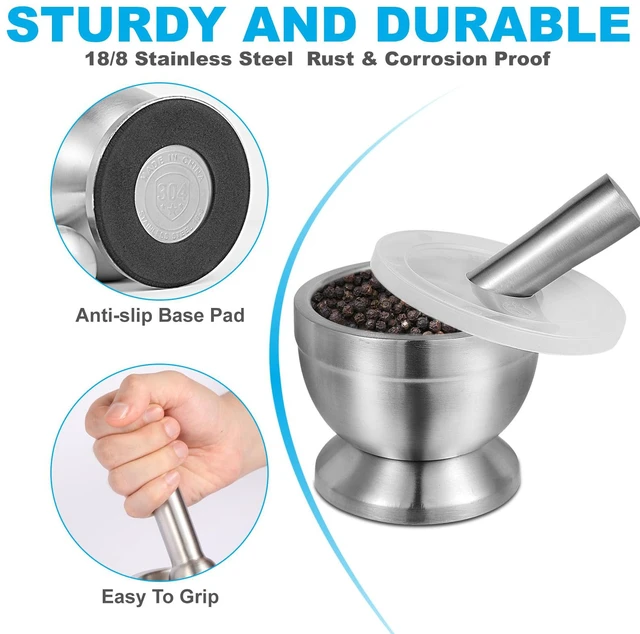 Alt view image 3 of 7 - Mortar and Pestle Set, 18/8 Stainless Steel Pill Crusher | Non-Slip Base Keeps Bowl Steady; Food-Grade Spice & Herb Grinder Grinds Spices And Pesto; Easy to Clean