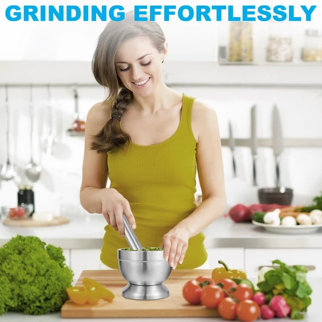 Alt view image 4 of 7 - Mortar and Pestle Set, 18/8 Stainless Steel Pill Crusher | Non-Slip Base Keeps Bowl Steady; Food-Grade Spice & Herb Grinder Grinds Spices And Pesto; Easy to Clean