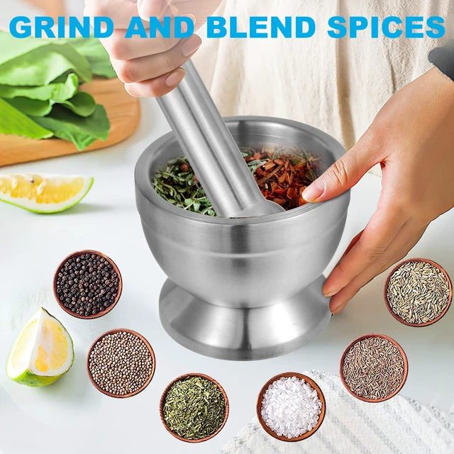Alt view image 5 of 7 - Mortar and Pestle Set, 18/8 Stainless Steel Pill Crusher | Non-Slip Base Keeps Bowl Steady; Food-Grade Spice & Herb Grinder Grinds Spices And Pesto; Easy to Clean
