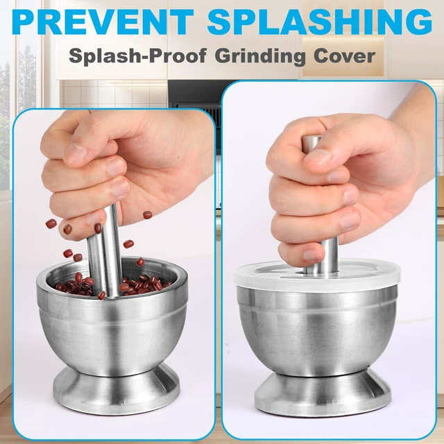Alt view image 7 of 7 - Mortar and Pestle Set, 18/8 Stainless Steel Pill Crusher | Non-Slip Base Keeps Bowl Steady; Food-Grade Spice & Herb Grinder Grinds Spices And Pesto; Easy to Clean