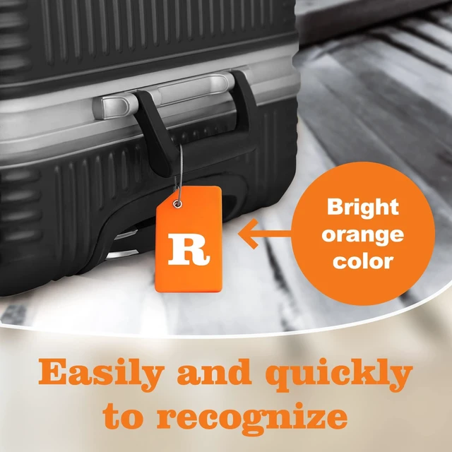 Alt view image 5 of 5 - 8 Pack Initial Luggage Tags for Suitcases Airplane Travel Essentials | 26 Initial Letter Baggage Identification Labels ID Tag Fully Bendable Tags with Stainless Steel Loop (Letter R, Orange)