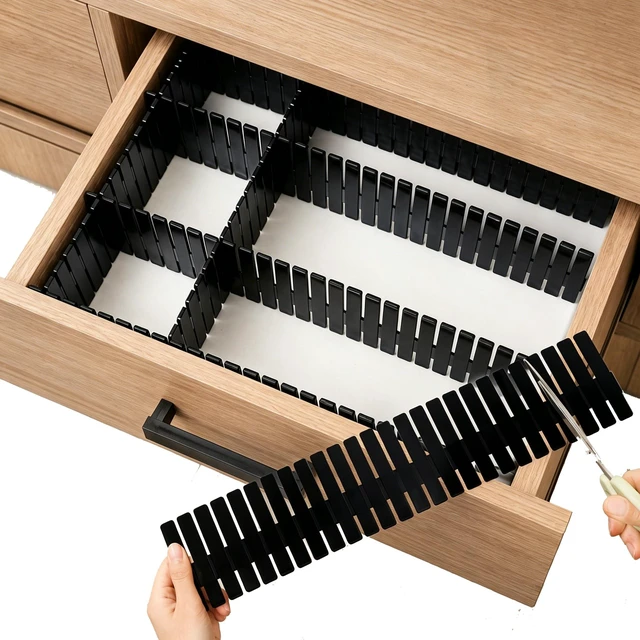 Main image of Adjustable Drawer Dividers, Cut-to-Fit DIY Organizers, Black, 8 Pack | For Tidying Cutlery, Makeup, Clothes and Dresses in Drawers, Desks and Storage Boxes for Kitchen, Bathroom, Bedroom & Office