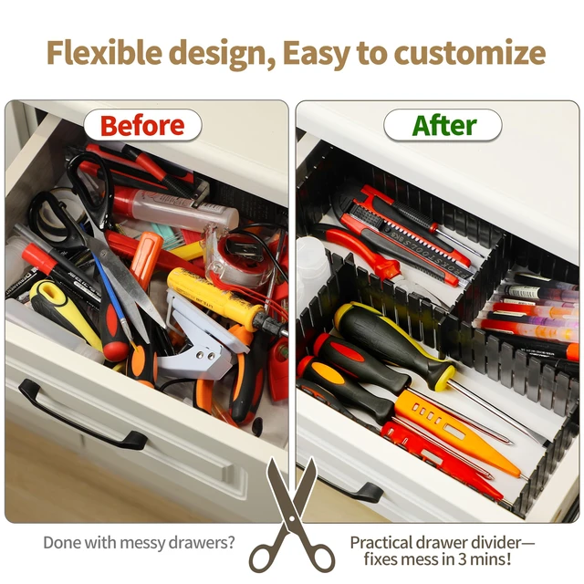 Alt view image 3 of 7 - Adjustable Drawer Dividers, Cut-to-Fit DIY Organizers, Black, 8 Pack | For Tidying Cutlery, Makeup, Clothes and Dresses in Drawers, Desks and Storage Boxes for Kitchen, Bathroom, Bedroom & Office