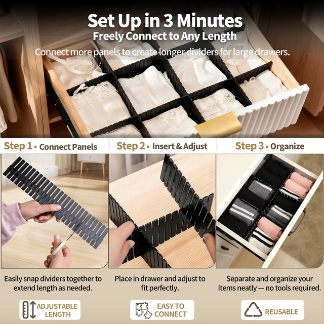 Alt view image 4 of 7 - Adjustable Drawer Dividers, Cut-to-Fit DIY Organizers, Black, 8 Pack | For Tidying Cutlery, Makeup, Clothes and Dresses in Drawers, Desks and Storage Boxes for Kitchen, Bathroom, Bedroom & Office