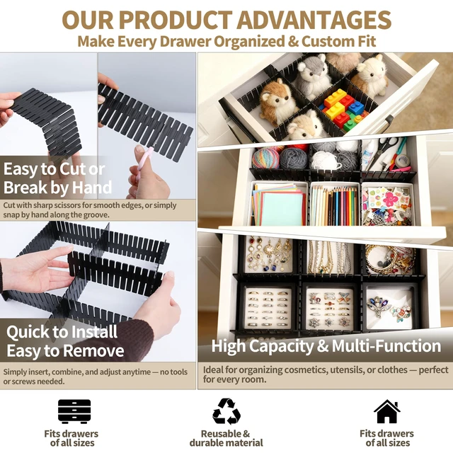 Alt view image 5 of 7 - Adjustable Drawer Dividers, Cut-to-Fit DIY Organizers, Black, 8 Pack | For Tidying Cutlery, Makeup, Clothes and Dresses in Drawers, Desks and Storage Boxes for Kitchen, Bathroom, Bedroom & Office