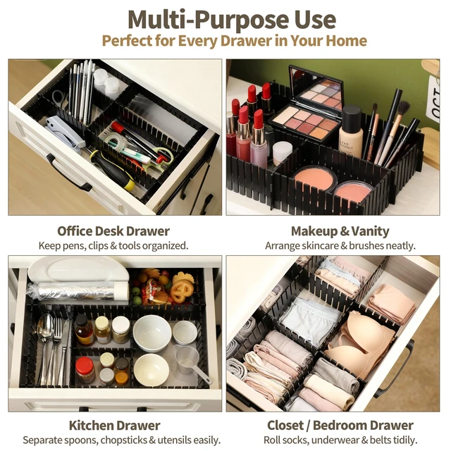 Alt view image 6 of 7 - Adjustable Drawer Dividers, Cut-to-Fit DIY Organizers, Black, 8 Pack | For Tidying Cutlery, Makeup, Clothes and Dresses in Drawers, Desks and Storage Boxes for Kitchen, Bathroom, Bedroom & Office