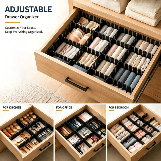Alt view image 7 of 7 - Adjustable Drawer Dividers, Cut-to-Fit DIY Organizers, Black, 8 Pack | For Tidying Cutlery, Makeup, Clothes and Dresses in Drawers, Desks and Storage Boxes for Kitchen, Bathroom, Bedroom & Office
