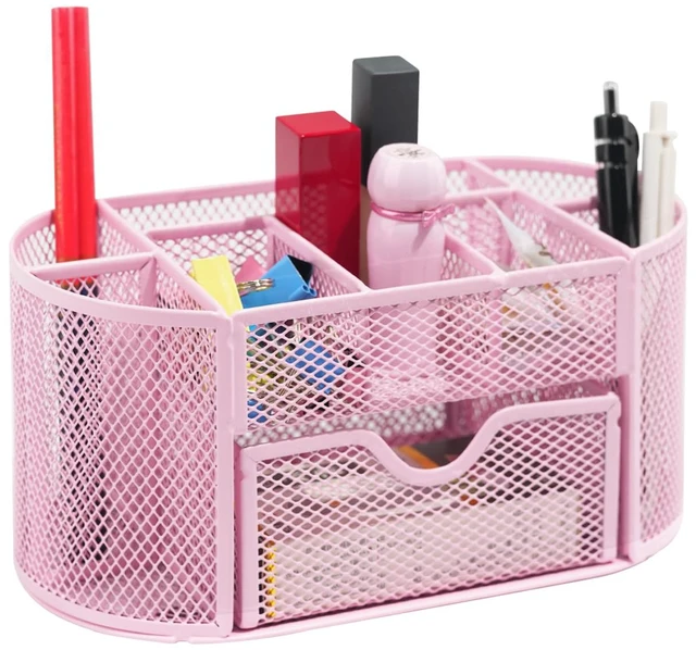 Main image of Desktop Organizer with Pencil Pen Holder and Accessories Offering 8 Compartments and 1 Drawer for Home, School and Office. (Cherry Blossom Pink)
