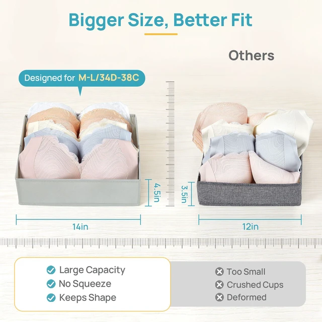 Alt view image 3 of 7 - M-L/34D-38C Large Bra Drawer Organizer, 4 Pack Foldable Fabric | Dresser Drawer Storage, Closet Organizer, Bra & Underwear Tray, Keeps Shape, Space Saving, Foldable Fabric Design