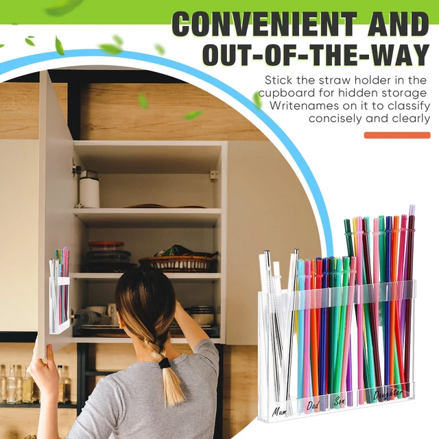 Alt view image 4 of 7 - Acrylic Straw Holder for Cabinet Door,Classic,Large,Transparent | 9.5" Straw Storage Organizer with Double Sided Adhesive Tape Reusable Kitchen Accessories Container for Counter Cupboard