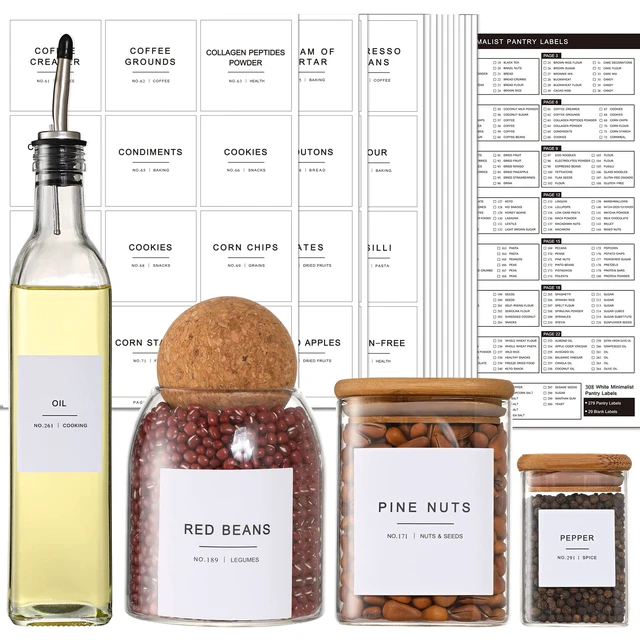 Main image of 308 Kitchen Pantry Labels for Food Containers, 3 Sizes White Minimalist Labels for Organizing, Food Label for Jars, Storage Bins, Preprinted Waterproof Pantry Label for Containers