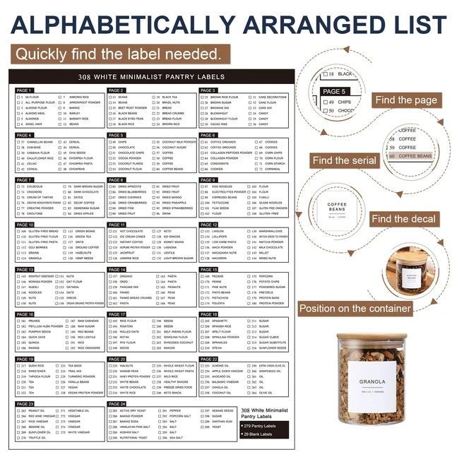 Alt view image 6 of 7 - 308 Kitchen Pantry Labels for Food Containers, 3 Sizes White Minimalist Labels for Organizing, Food Label for Jars, Storage Bins, Preprinted Waterproof Pantry Label for Containers