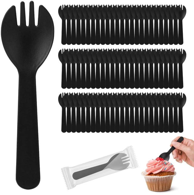 Main image of 100Pcs Mini Plastic Spork, 4.2 Inch Individually Wrapped Utensils | Small Black Disposable Fork Spoon Combo for Desserts, School Lunch, Catering, Restaurants & Birthday Party