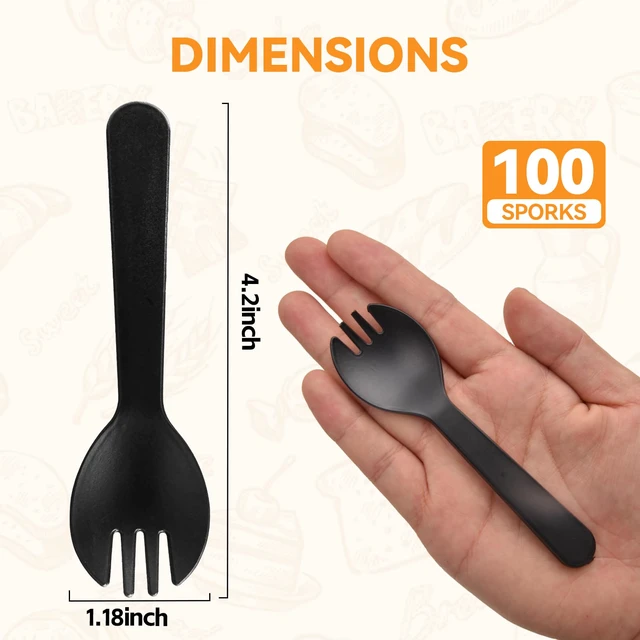 Alt view image 2 of 6 - 100Pcs Mini Plastic Spork, 4.2 Inch Individually Wrapped Utensils | Small Black Disposable Fork Spoon Combo for Desserts, School Lunch, Catering, Restaurants & Birthday Party