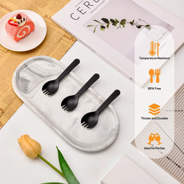 Alt view image 4 of 6 - 100Pcs Mini Plastic Spork, 4.2 Inch Individually Wrapped Utensils | Small Black Disposable Fork Spoon Combo for Desserts, School Lunch, Catering, Restaurants & Birthday Party