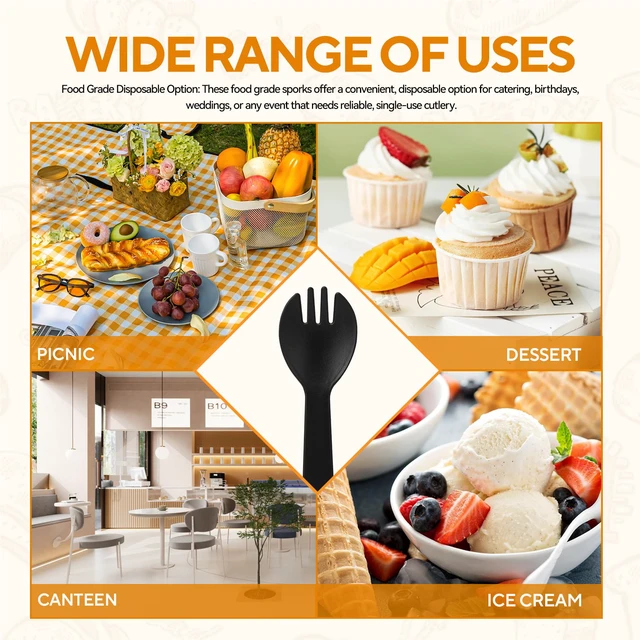 Alt view image 6 of 6 - 100Pcs Mini Plastic Spork, 4.2 Inch Individually Wrapped Utensils | Small Black Disposable Fork Spoon Combo for Desserts, School Lunch, Catering, Restaurants & Birthday Party