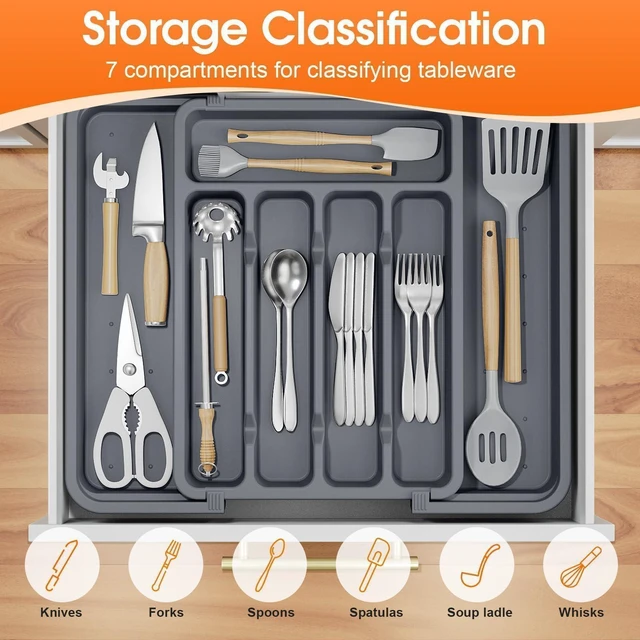Alt view image 2 of 7 - Silverware OrganizerAdjustable & Expandable Drawer Organizer | Utensil Drawer Organizer, BPA Free Utensil Holder, Cutlery Tray for Forks, Spoons, Knives in Kitchen, Medium, Grey