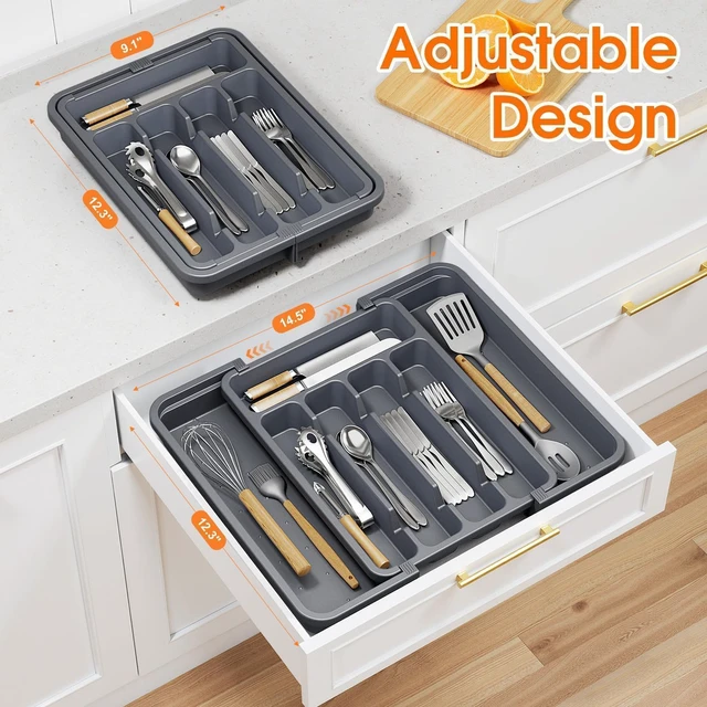 Alt view image 4 of 7 - Silverware OrganizerAdjustable & Expandable Drawer Organizer | Utensil Drawer Organizer, BPA Free Utensil Holder, Cutlery Tray for Forks, Spoons, Knives in Kitchen, Medium, Grey