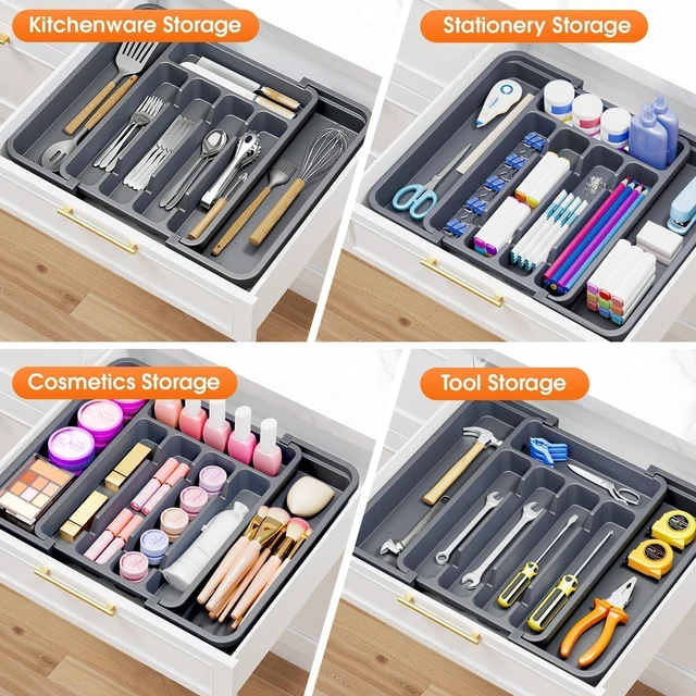 Alt view image 6 of 7 - Silverware OrganizerAdjustable & Expandable Drawer Organizer | Utensil Drawer Organizer, BPA Free Utensil Holder, Cutlery Tray for Forks, Spoons, Knives in Kitchen, Medium, Grey