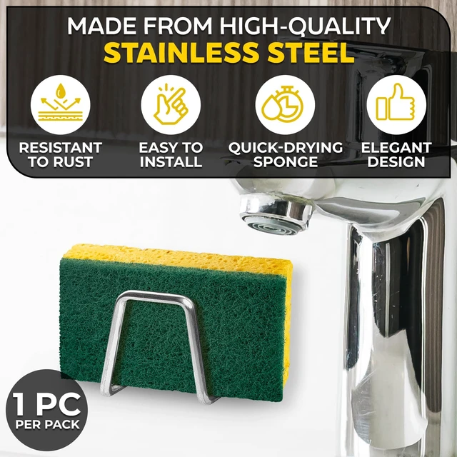 Alt view image 3 of 7 - Stainless Steel Sponge Holder for Kitchen Sink, Rust-Resistant | Adhesive Kitchen Sink Sponge Holder; Holds Sponges, Brushes, Lids; Sticks to Tile, Glass, Ceramic, Metal; 1.85" Drain