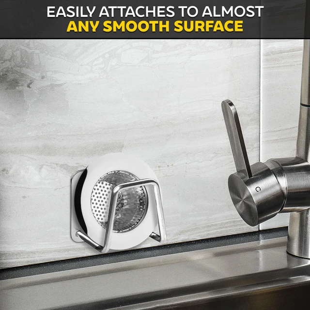 Alt view image 7 of 7 - Stainless Steel Sponge Holder for Kitchen Sink, Rust-Resistant | Adhesive Kitchen Sink Sponge Holder; Holds Sponges, Brushes, Lids; Sticks to Tile, Glass, Ceramic, Metal; 1.85" Drain