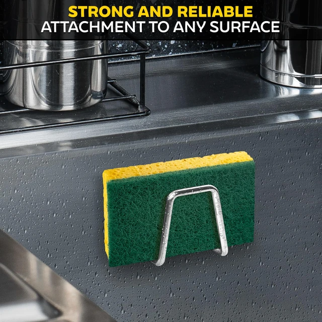 Alt view image 6 of 7 - Stainless Steel Sponge Holder for Kitchen Sink, Rust-Resistant | Adhesive Kitchen Sink Sponge Holder; Holds Sponges, Brushes, Lids; Sticks to Tile, Glass, Ceramic, Metal; 1.85" Drain