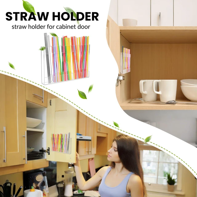 Alt view image 2 of 6 - 9.8 Large Acrylic Straw Holder for Cabinet Door - Reusable Straw Organizer Storage, Holds 80+ Straws, Ultra Sticky Adhesive Door Mounted, Kitchen Cabinet Accessories Container (Transparent)