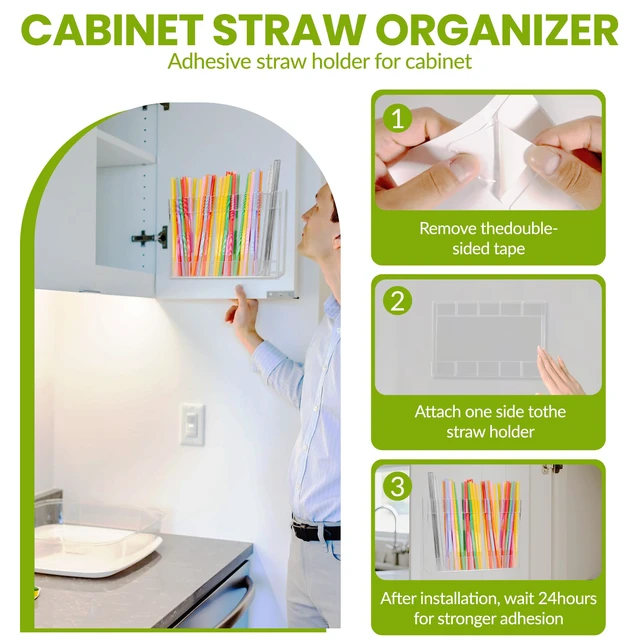 Alt view image 6 of 6 - 9.8 Large Acrylic Straw Holder for Cabinet Door - Reusable Straw Organizer Storage, Holds 80+ Straws, Ultra Sticky Adhesive Door Mounted, Kitchen Cabinet Accessories Container (Transparent)
