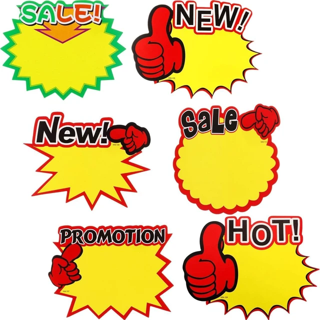 Main image of 60 Pcs Starburst Sale Tags 6.3 Inches X 5.5 in, Price Burst Retail | 6 Designs with SALE NEW HOT Text, Writable Area for Pricing, Garage Yard Clearance Events, Display Signs for Retail Shops