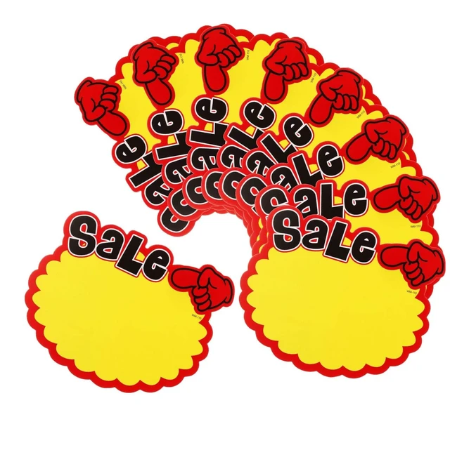 Alt view image 3 of 6 - 60 Pcs Starburst Sale Tags 6.3 Inches X 5.5 in, Price Burst Retail | 6 Designs with SALE NEW HOT Text, Writable Area for Pricing, Garage Yard Clearance Events, Display Signs for Retail Shops