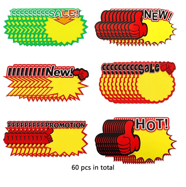 Alt view image 4 of 6 - 60 Pcs Starburst Sale Tags 6.3 Inches X 5.5 in, Price Burst Retail | 6 Designs with SALE NEW HOT Text, Writable Area for Pricing, Garage Yard Clearance Events, Display Signs for Retail Shops