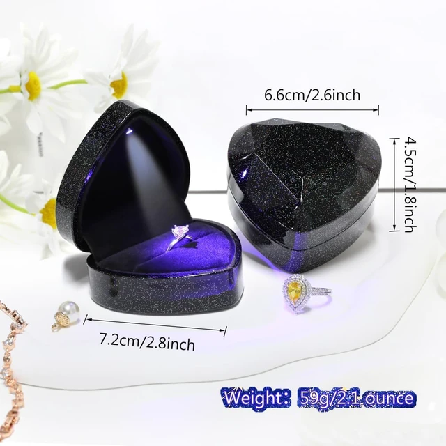 Alt view image 4 of 5 - Heart Ring Box with LED Light, Luxury LED Lighted Engagement Ring Box, Velvet Earrings Jewelry Case with Light, Jewelry Display Box for Wedding, Engagement, Proposal, Birthday and Anniversary-Black