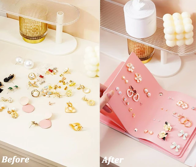 Alt view image 2 of 7 - Earring Holder Organizer Book for Travel, 42 Pairs Stud Earrings Organizer with Staggered Holes & Snap, Waterproof PU Leather Earring Storage Case Portable Earrings Book for Women Girls - Pink