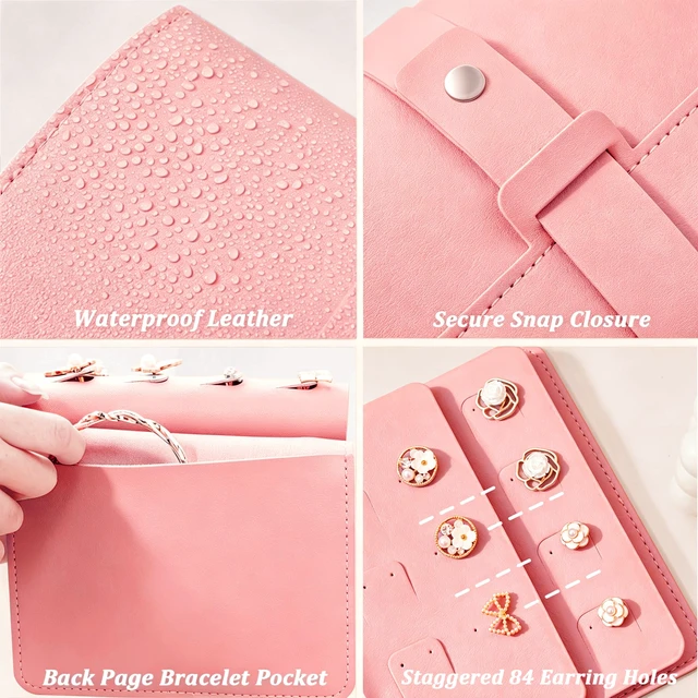 Alt view image 3 of 7 - Earring Holder Organizer Book for Travel, 42 Pairs Stud Earrings Organizer with Staggered Holes & Snap, Waterproof PU Leather Earring Storage Case Portable Earrings Book for Women Girls - Pink