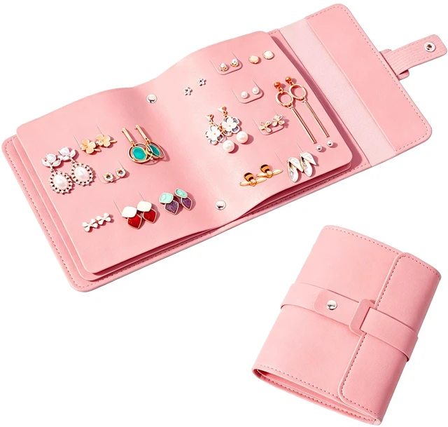 Main image of Earring Holder Organizer Book for Travel, 42 Pairs Stud Earrings Organizer with Staggered Holes & Snap, Waterproof PU Leather Earring Storage Case Portable Earrings Book for Women Girls - Pink