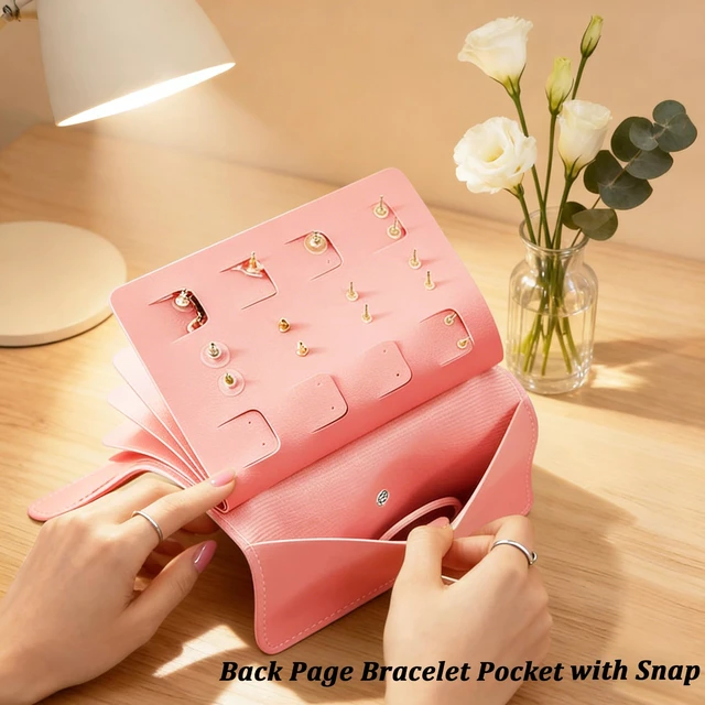 Alt view image 6 of 7 - Earring Holder Organizer Book for Travel, 42 Pairs Stud Earrings Organizer with Staggered Holes & Snap, Waterproof PU Leather Earring Storage Case Portable Earrings Book for Women Girls - Pink